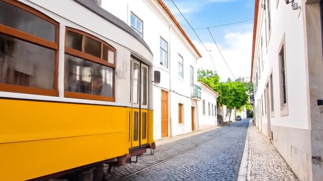 Lisbons iconic yellow tram travels through historic cobblestone street with Portugal.
