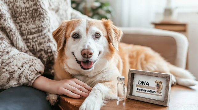 Happy dog with dna preservation kit on wooden table indoors