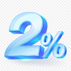 3d Number “2%” symbol with glass glowing. Represents Two percent value, isolated on a transparent background. Ideal for promotions, discounts, sales, finance and advertising designs. Vector file.