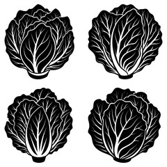 Four monochrome stylized cabbage heads with detailed leaf patterns arranged on a white background artfully drawn