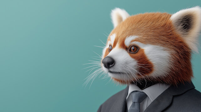 Anthropomorphic red panda in business suit on teal background
