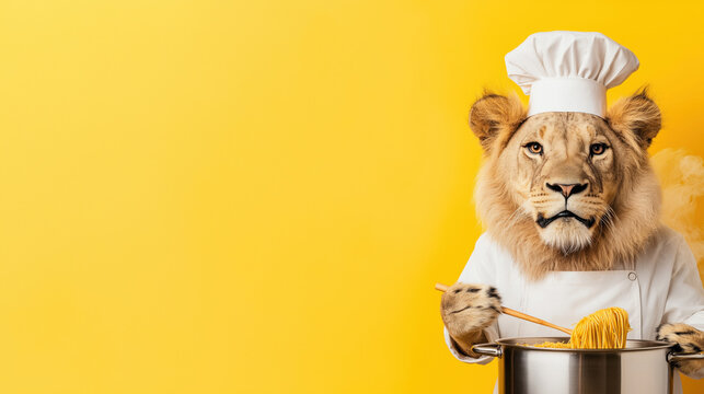 Lion chef in white uniform cooking spaghetti in front of bright yellow background