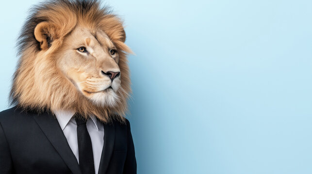 Lion in business suit against light blue background