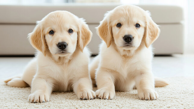 Adorable golden retriever puppies lying on carpet