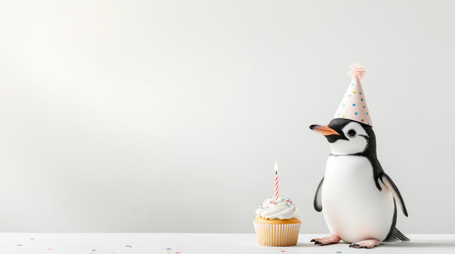 Penguin birthday party with cupcake and candle on white background