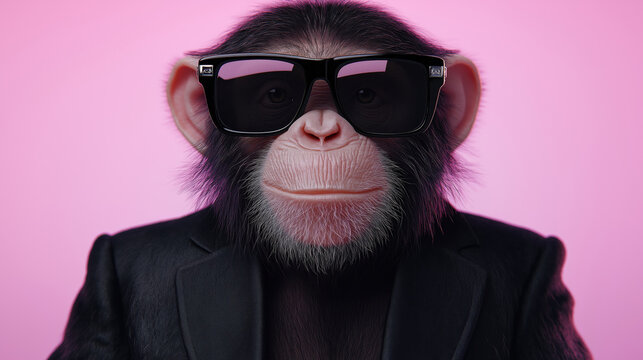 Stylish chimpanzee in sunglasses and black suit on pink background - Powered by Adobe