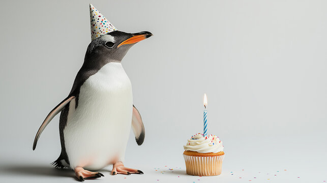 Penguin wearing party hat celebrates birthday with cupcake and candle