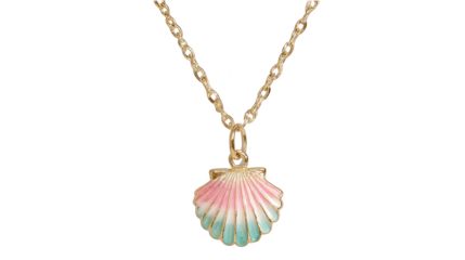 Elegant close up of a beautiful handcrafted seashell necklace featuring a pink and blue colored shell pendant suspended from a delicate shimmering gold chain evoking a sense of summer and beach style.