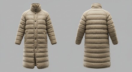 Beige longline puffer coat for winter fashion front and back view, insulated quilted down jacket clothing apparel product mockup for ecommerce catalog and outerwear design © creativestock