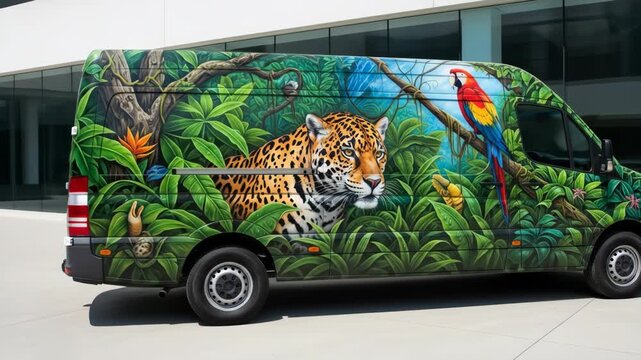 Delivery van with a beautiful jungle airbrush painting of a jaguar parrot and green leaves