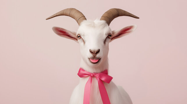 Charming white goat with pink bow on pastel background