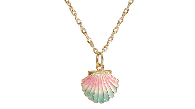 Elegant close up of a beautiful handcrafted seashell necklace featuring a pink and blue colored shell pendant suspended from a delicate shimmering gold chain evoking a sense of summer and beach style.