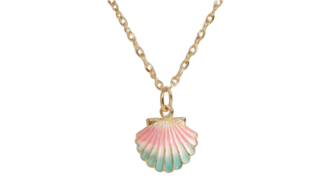 Elegant close up of a beautiful handcrafted seashell necklace featuring a pink and blue colored shell pendant suspended from a delicate shimmering gold chain evoking a sense of summer and beach style.