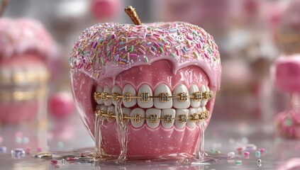 Pink apple with sugary icing and gold braces