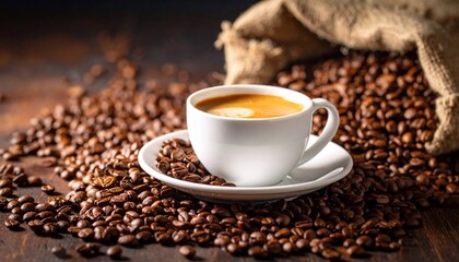 Fototapeta premium Aromatic Coffee Cup on a Bed of Roasted Coffee Beans with a Rustic Background