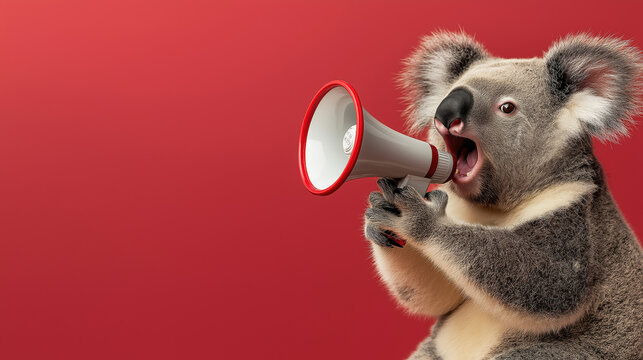 Koala holding megaphone on red background expressing loud message