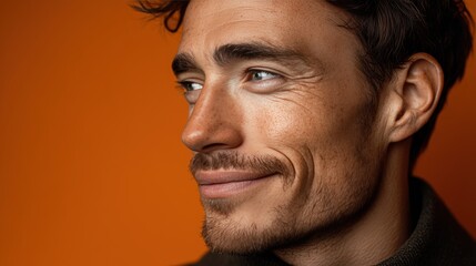 Obraz premium Portrait masculin souriant sur fond orange chaleureux et lumineux