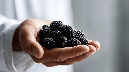 Mains tenant delicatement une poignee de mures noires fraiches
