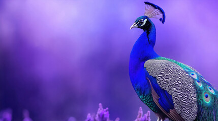 Majestic peacock displaying vibrant plumage against purple background