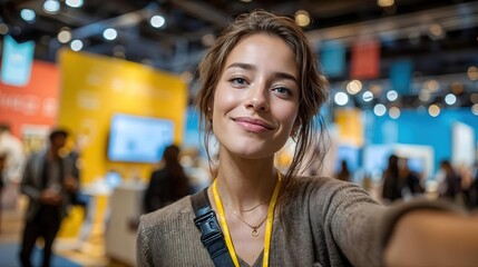 Jeune femme souriante prenant un selfie lors d'un evenement professionnel