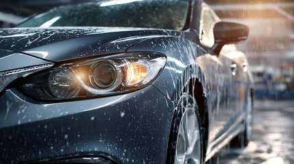 A car getting washed with soap suds during the cleaning process in carwash service. Vehicle cleaning and maintenance concept