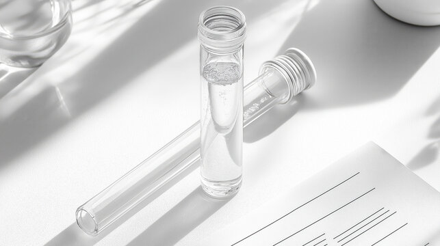 Clear test tubes and documents on a sunlit white surface