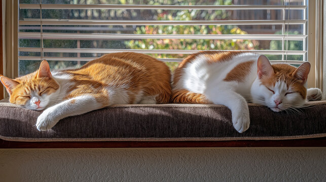 Two ginger cats sleeping on a sunny window sill