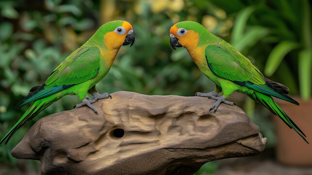Colorful conures perching on rock in vibrant garden setting