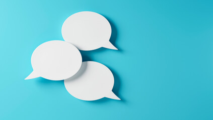 Three white speech bubbles resting on a turquoise colored background with copy space - 3D illustration