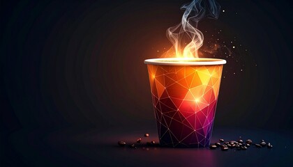 Glowing abstract digital cup made of wireframe lines and nodes, with blue and orange luminous steam.