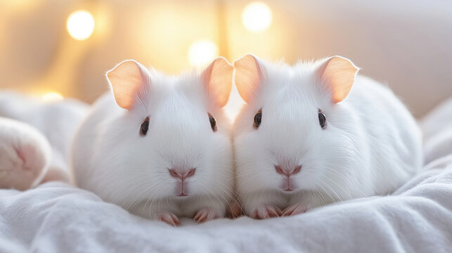 Adorable white guinea pigs resting on soft blanket with warm lighting