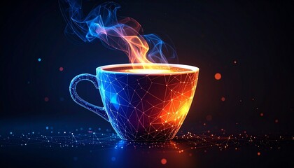 Glowing abstract digital cup made of wireframe lines and nodes, with blue and orange luminous steam.
