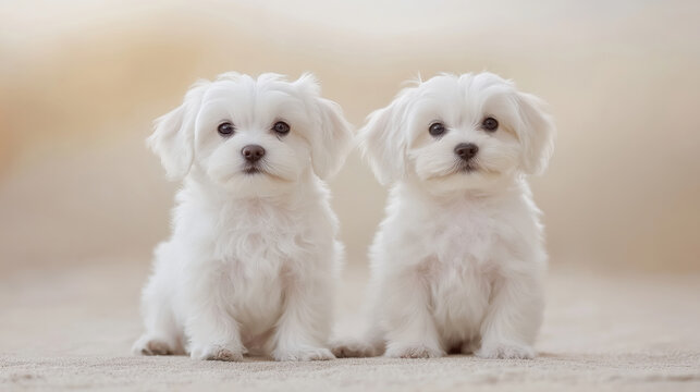 Adorable maltese puppy pair sitting indoors on soft carpet