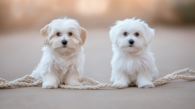 Two adorable fluffy white puppies with ropes on sandy ground