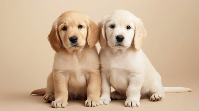 Two adorable labrador retriever puppies sitting on beige background