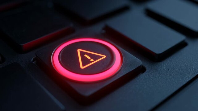 Close-up of a glowing red warning button with an exclamation icon on a digital keyboard, symbolizing cybersecurity threat, emergency alert, or system error warning in modern technology.