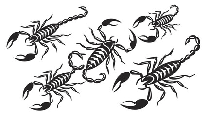 A striking black and white graphic illustration featuring a collection of five stylized scorpions in various dynamic poses