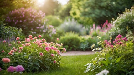 Beautiful Garden with Blurred Summer Background – Soft Focus Free Space for Text
