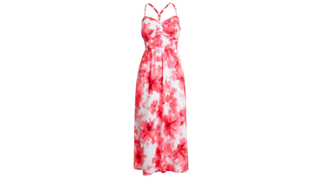 A close up view of a beautifully designed red and white garment featuring an elegant floral pattern with delicate blossoms and leaves showcasing exquisite textile art and fashion design.