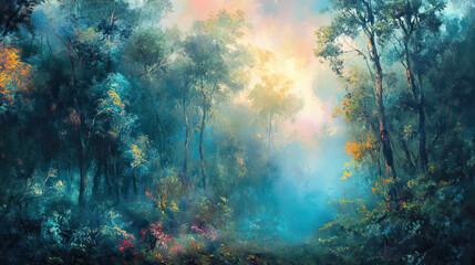 Fototapeta premium Rainforest with Thick Trees and Mist Hanging in the Air – AI Generative