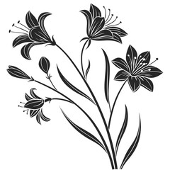 Elegant black silhouette of blooming lilies and buds on a white background