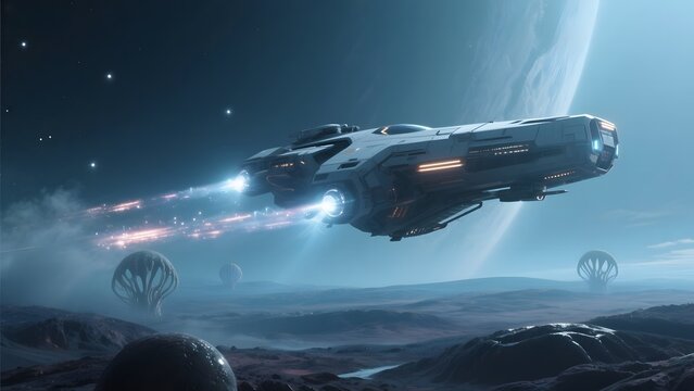 A futuristic spacecraft hovers over an alien landscape with glowing thrusters and distant structures.