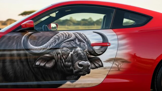 Custom airbrush painting of an african buffalo on a red sports car door in the savanna