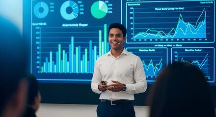 Confident Indian Businessman Presenting Data Analytics on a Digital Screen with Charts and Graphs at a Corporate Seminar.