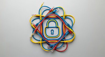 Flat lay of network cables arranged in geometric symmetry with lock symbol for cybersecurity and data protection