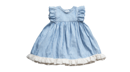 Detailed studio photograph of a lovely blue and white vertically striped summer dress with delicate ruching fabric detail creating a textured stylish and fashionable look.