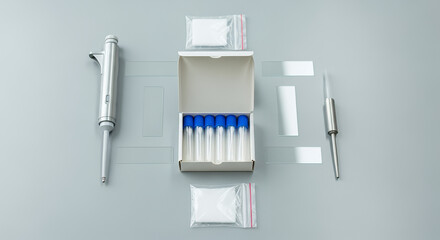 Genetic sample kit arranged symmetrically with pipettes and slides on a gray surface