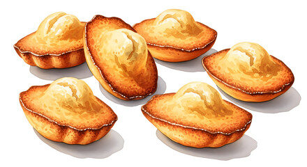 Group of traditional homemade madeleine sponge cakes, a classic French patisserie dessert, beautifully illustrated on a clean white backdrop