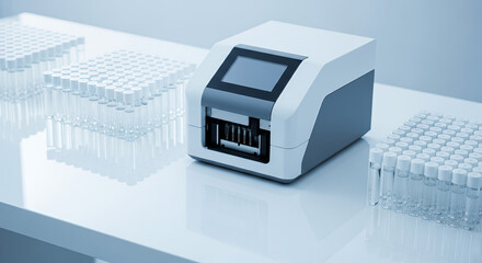 Sterile white surface with compact genetic sequencing device and microtubes