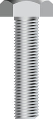 Long metal screw with helical thread standing on a transparent background, creating a visually appealing representation of industrial components